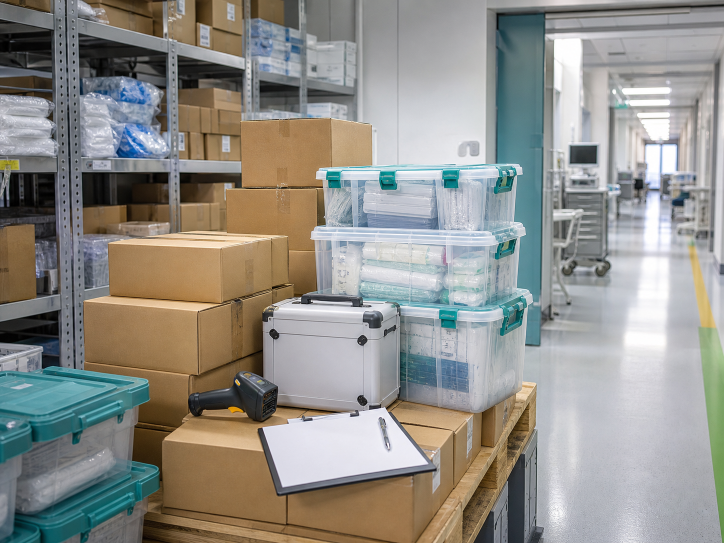 Organized institutional medical supplies ready for hospital delivery.